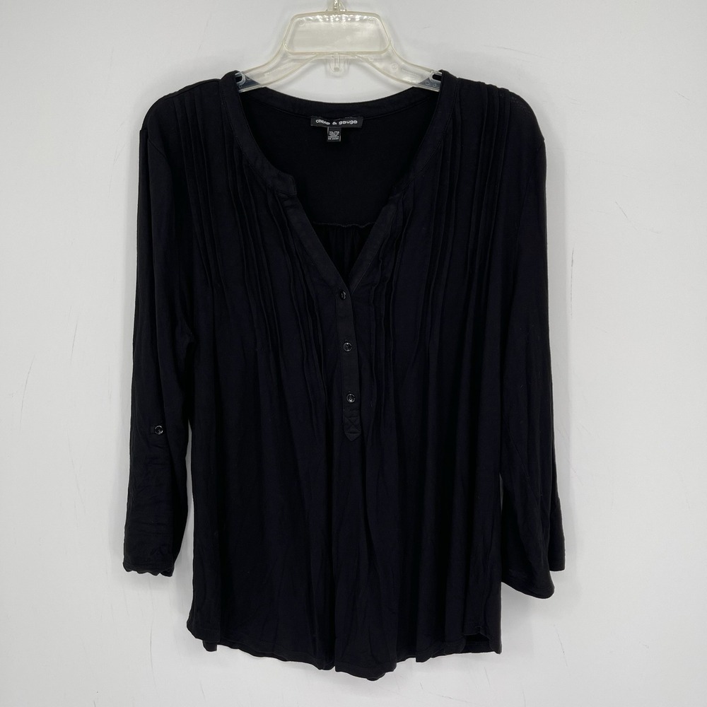 Cable & Gauge Women's Black Stretch Pleated Roll Tab Sleeve Henley Top Size XL